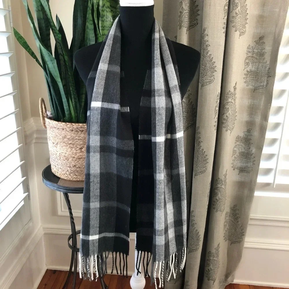 Black White Soft Plaid Winter Scarf fringe Gray Grey‎ Unisex Cozy